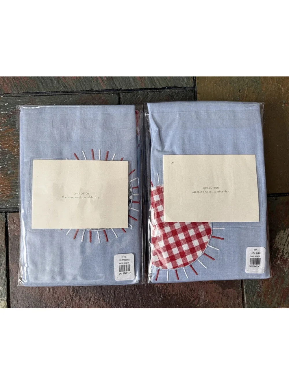 Pottery Barn Bed Bath Lucy Cotton Blue Multi Appliquéd STANDARD Sham Set 2pc